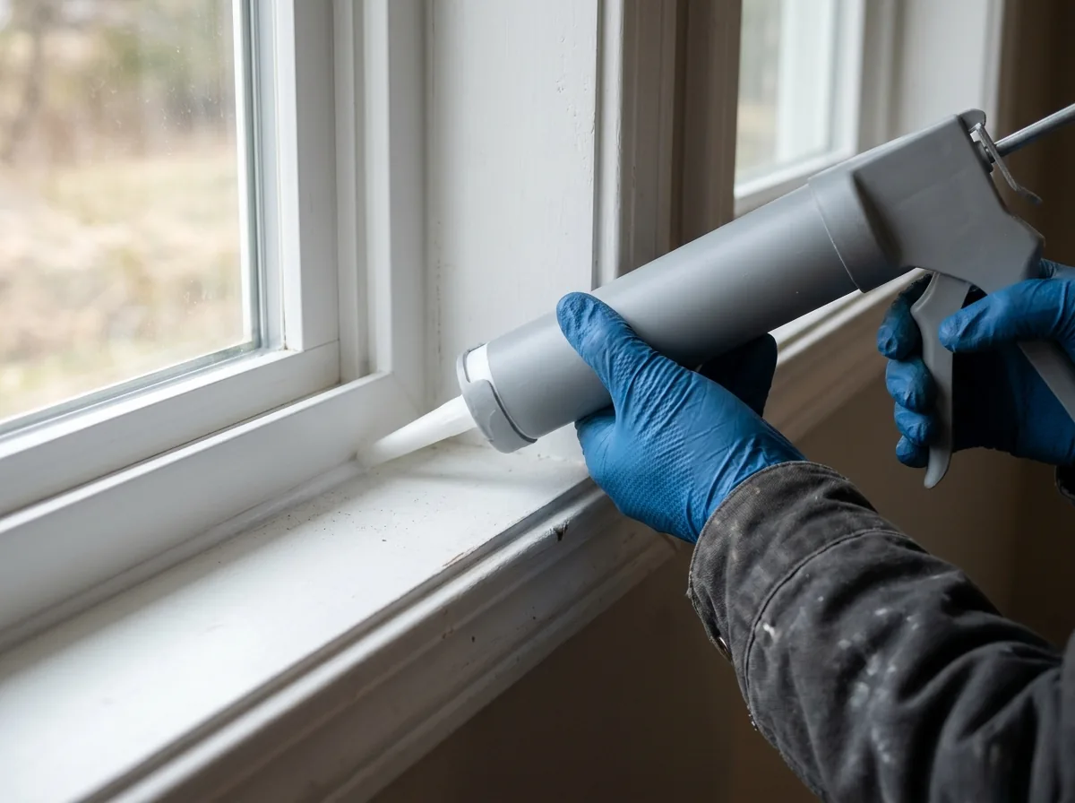 Gloved hand running a bead of acoustic sealant along the joint between a window frame and interior trim