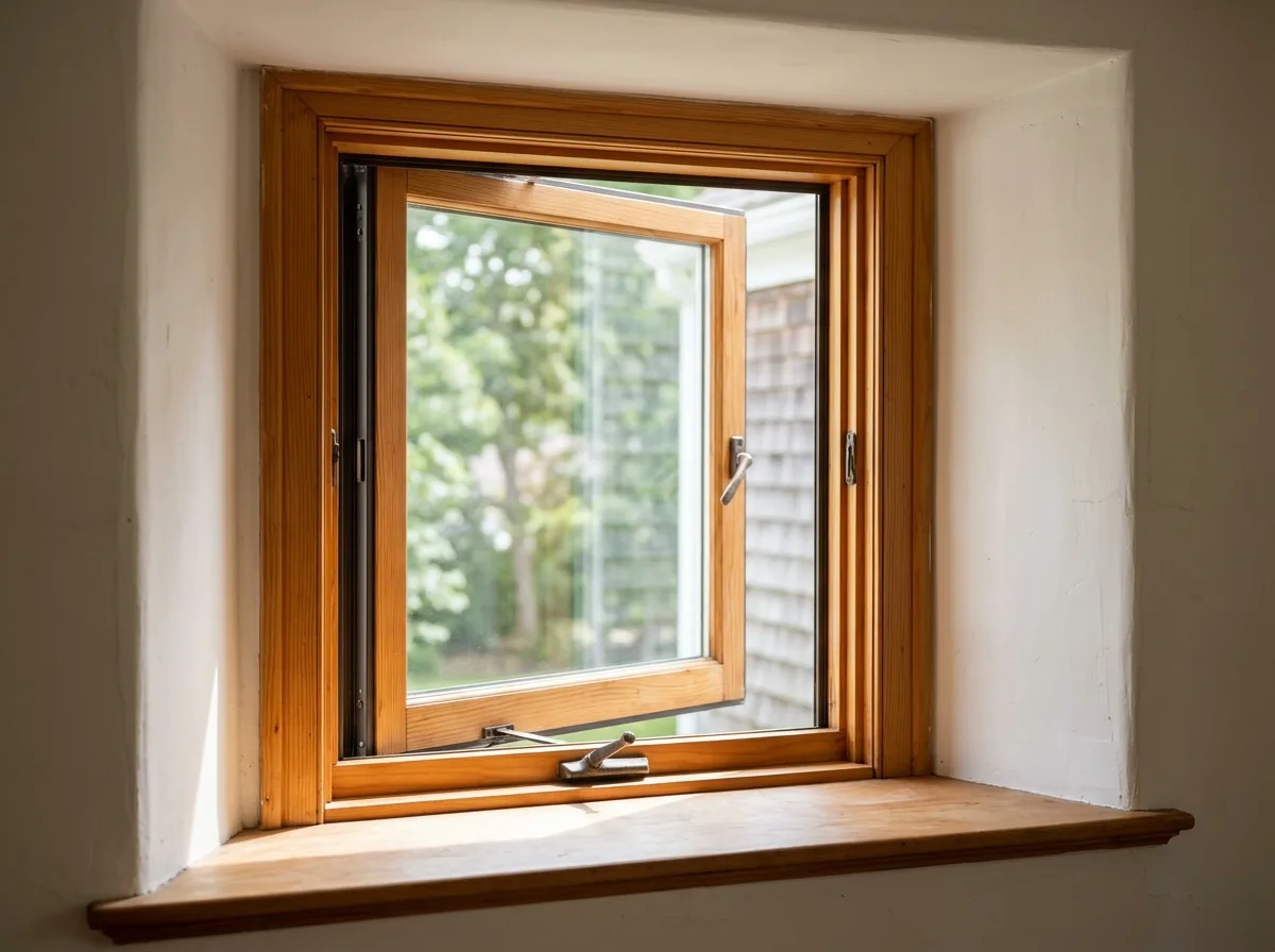 Aluminum-clad wood casement window with a dark bronze exterior and natural pine interior, seen from inside a sunlit room