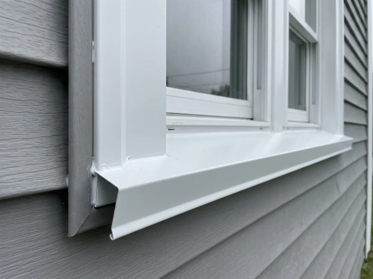 White aluminum capping bent around exterior window casing and sill on a gray-sided multi-family house