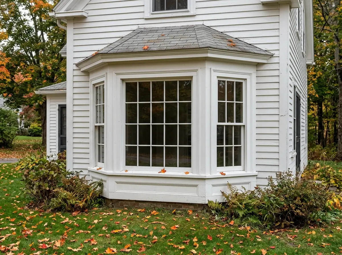 Three-panel angled bay window with a center picture window and two double-hung flankers on a white clapboard colonial in autumn