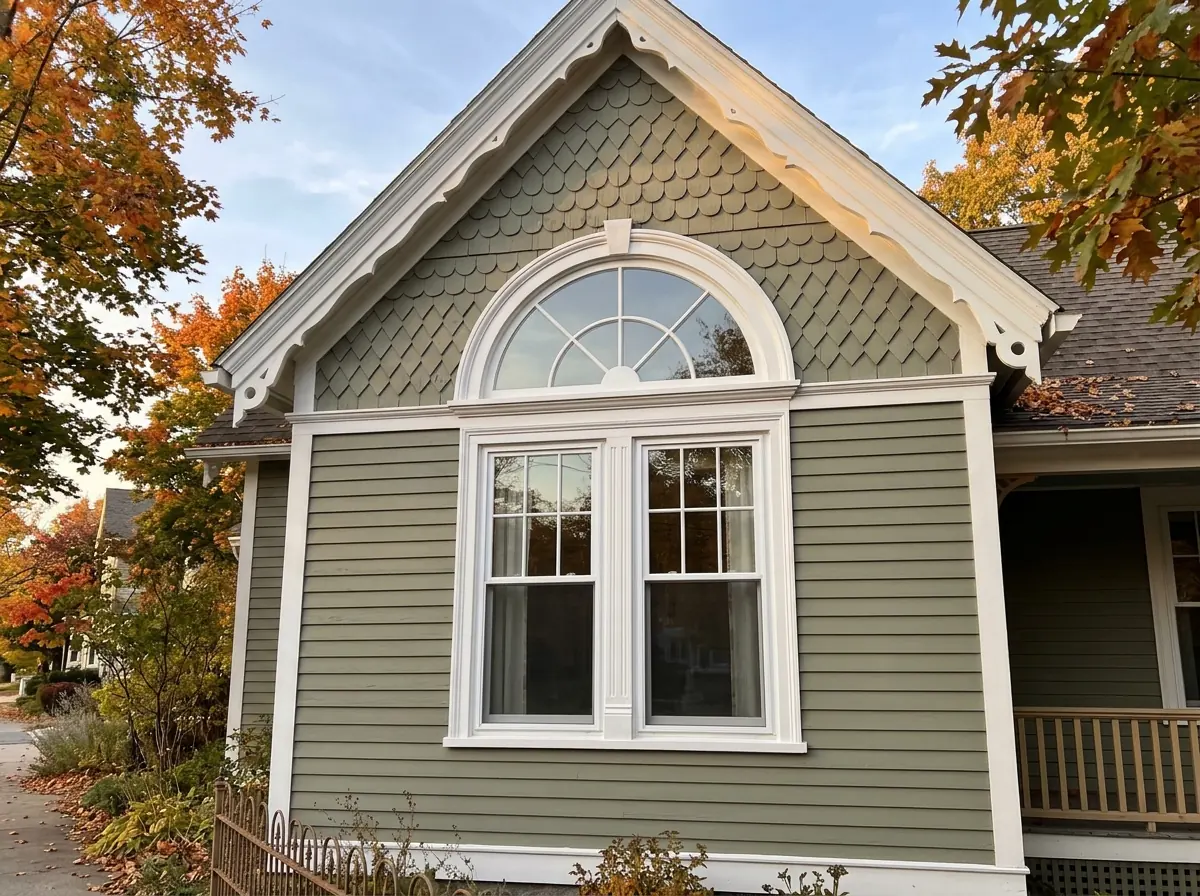 Arched round-top window with white frame above a pair of double-hung windows on a painted Victorian house gable