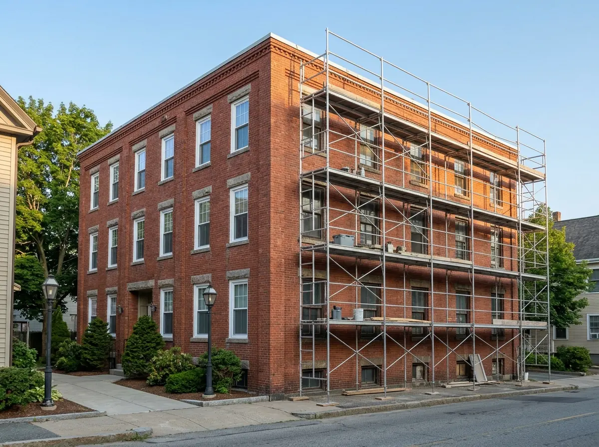 Three-story brick condominium building with scaffolding on one side and new matching white windows on the finished section