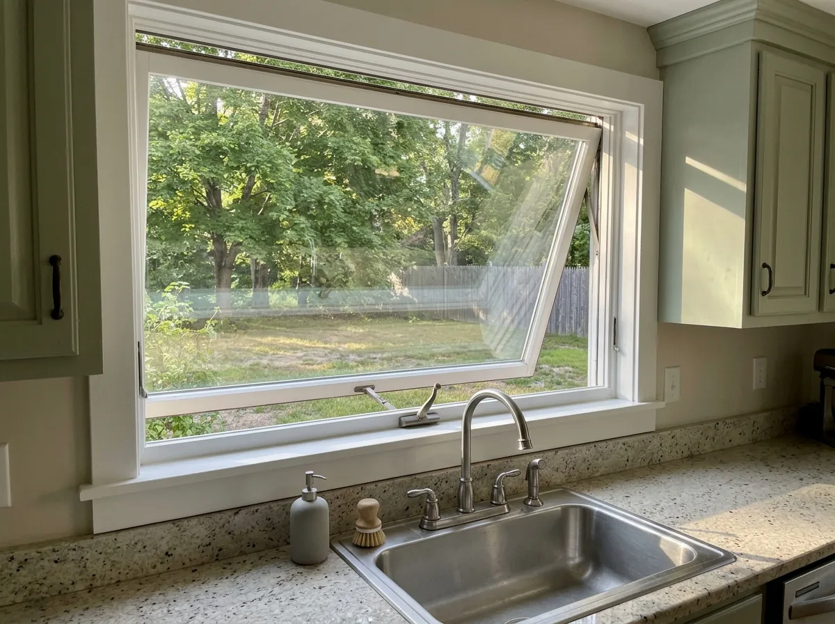 Wide white awning window hinged at the top and cranked open above a kitchen sink and faucet, morning light on the counter