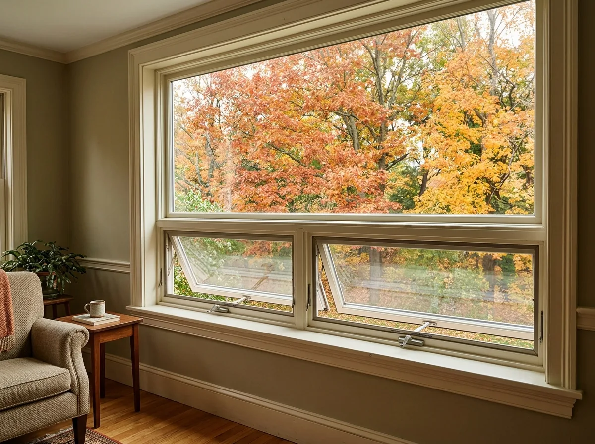 Large fixed picture window with a row of two awning windows directly beneath it, both opened slightly, on a living room wall