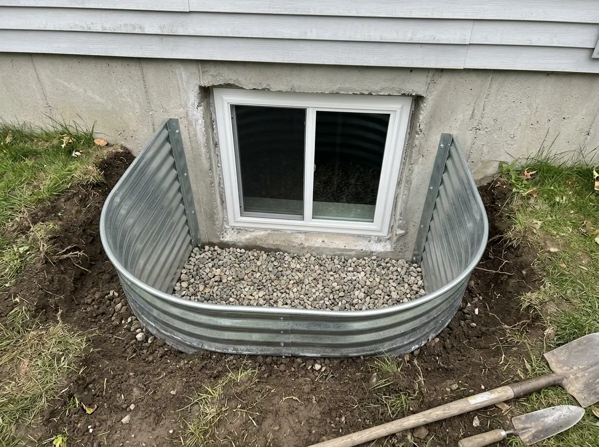 Corrugated steel window well dug against a poured concrete foundation, new basement egress window set in the wall, gravel at the bottom
