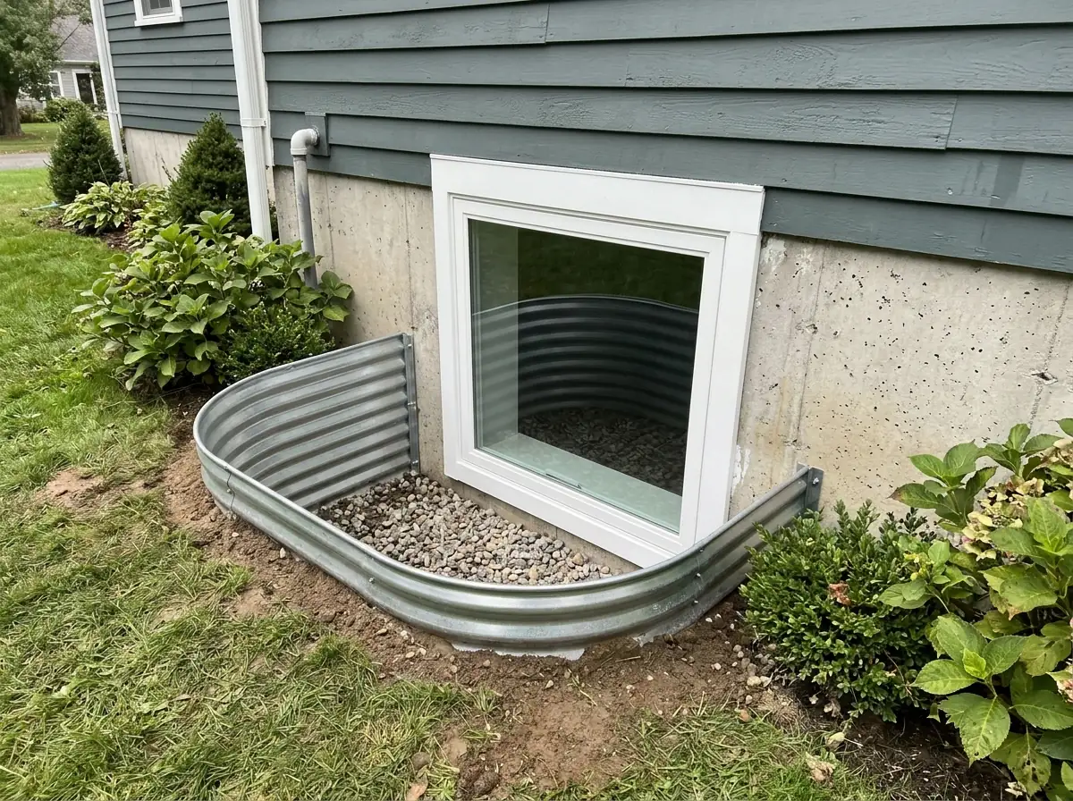 New basement egress casement window in a concrete foundation with a corrugated steel window well