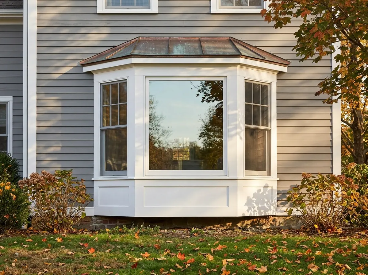 New three-panel bay window with a fixed center pane and angled double-hung flankers on a gray clapboard colonial