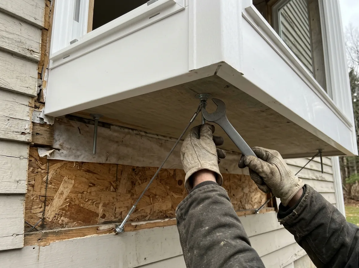 Underside of a vinyl bay window seat board with steel support cables running up to the wall above, siding partly removed