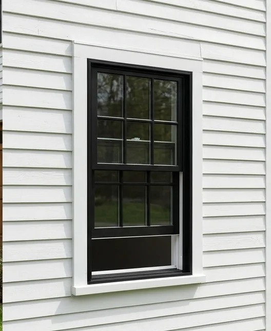 Black laminated vinyl replacement windows on a white clapboard colonial, interior side of the sash white