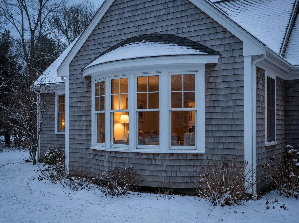 Five-panel curved bow window on a gray shingled cape-style house under a light winter snow, warm light inside
