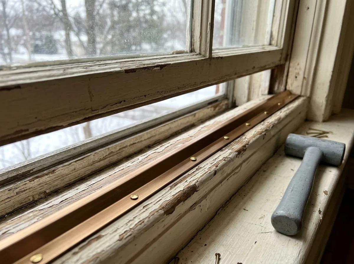Bronze V-strip weatherstripping nailed into the side track of an old painted wood double-hung window
