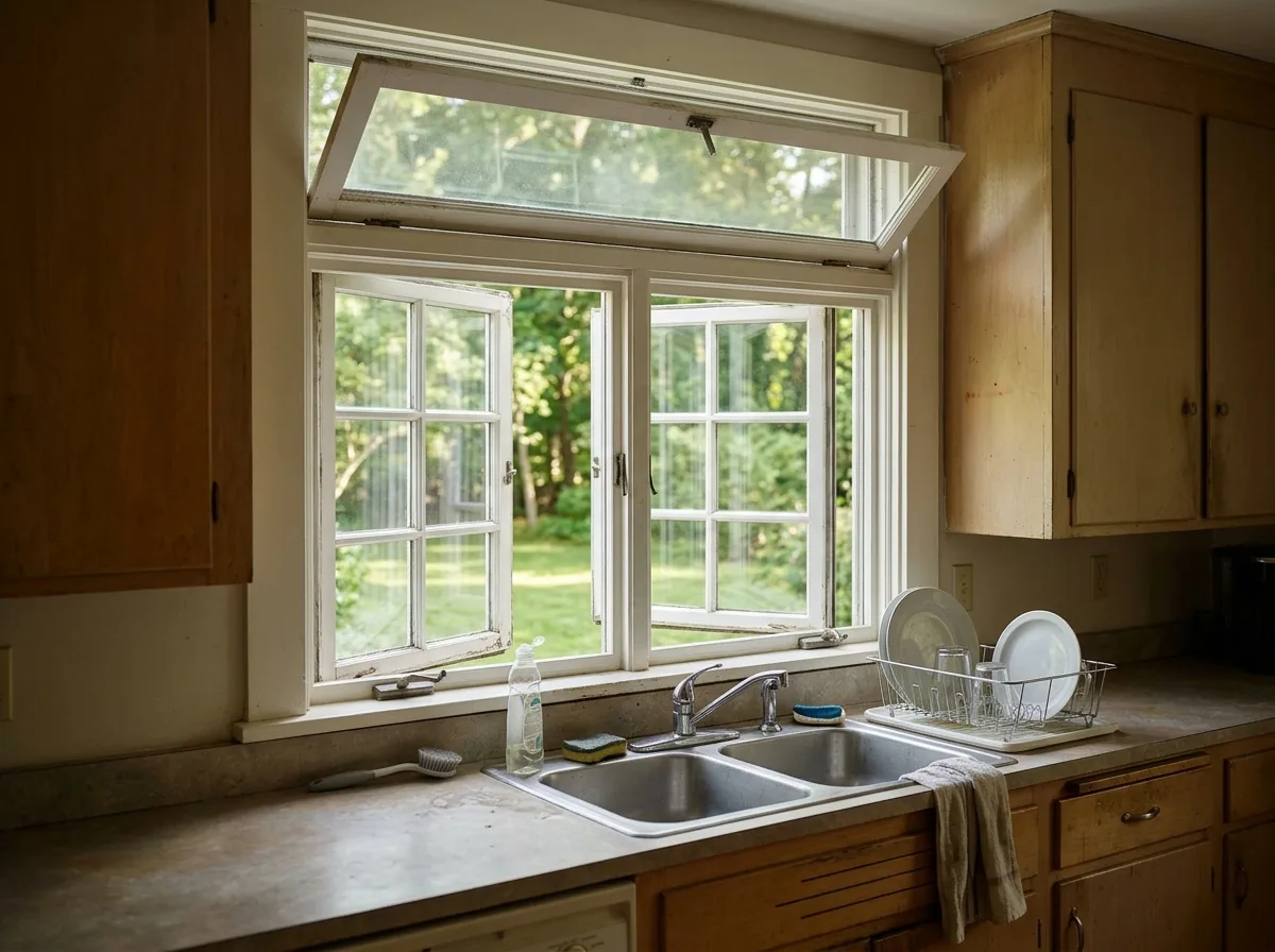 Kitchen sink under a pair of white casement windows cranked open, with an awning window tilted out above them