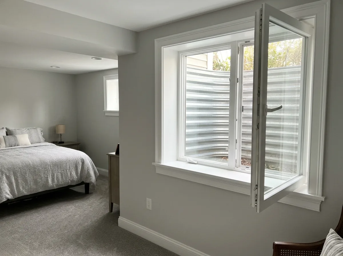 Large white casement window swung fully open in a finished basement bedroom, window well and daylight visible outside