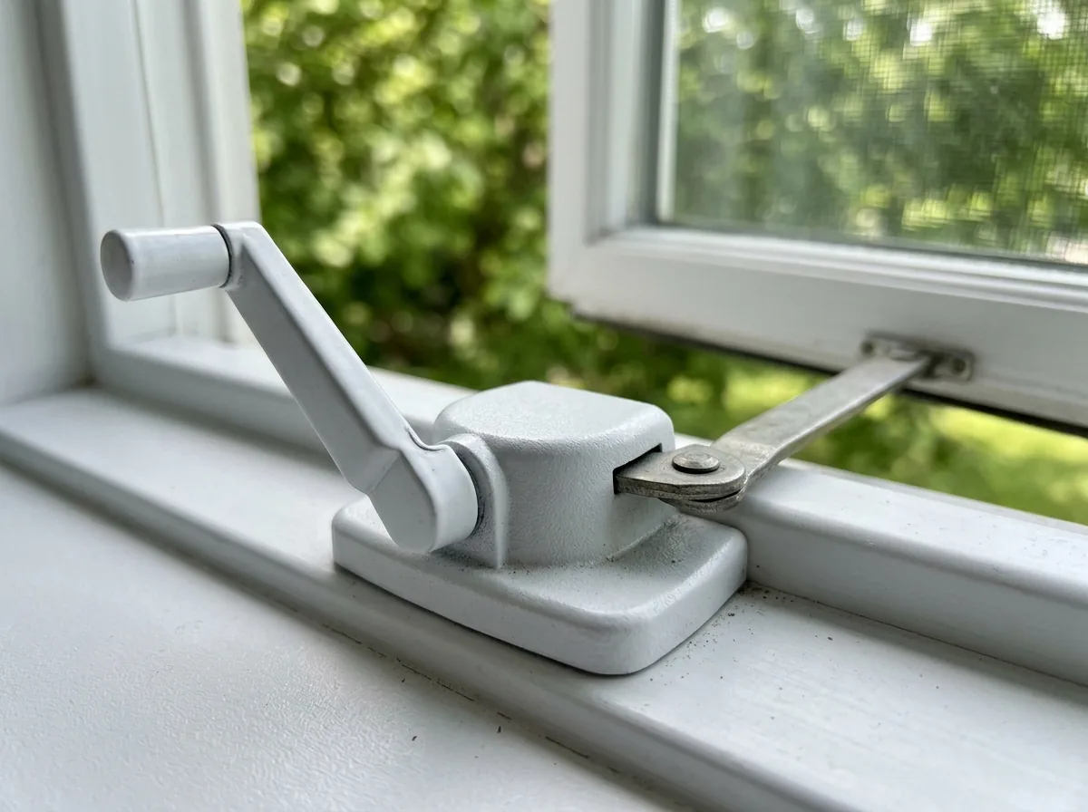 Close view of a white casement window crank operator with its folding handle and arm, mounted on a vinyl sill