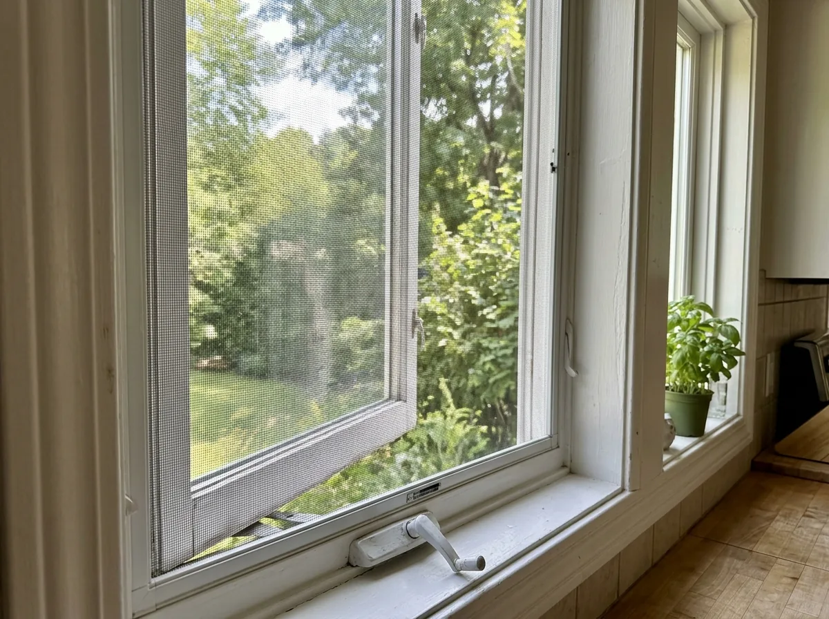 Interior view of a crank casement window with its screen mounted on the inside of the frame, the sash swung open outdoors