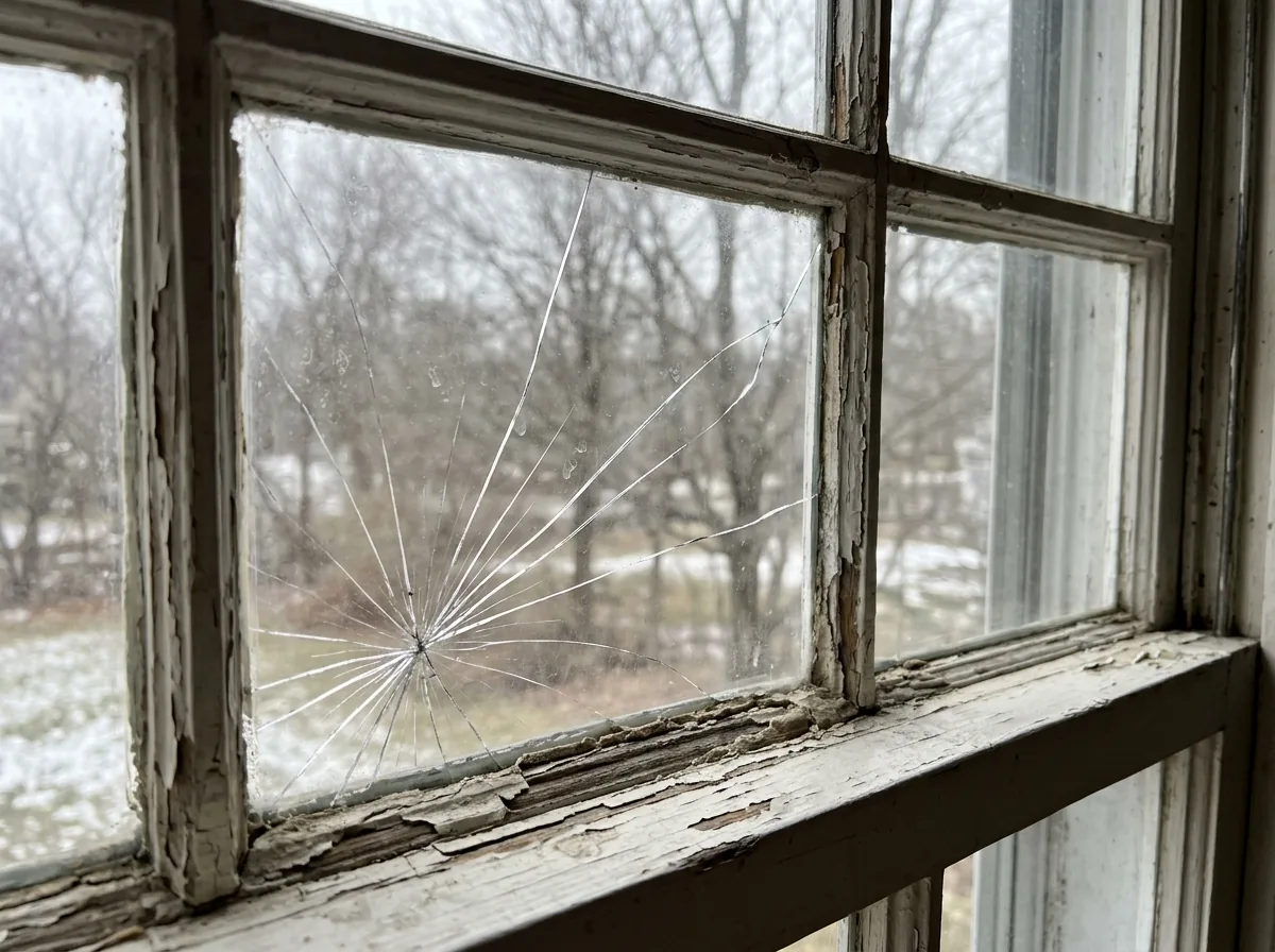 Cracked single pane in a white-painted wooden sash, a spiderweb break spreading from one corner, gray winter light