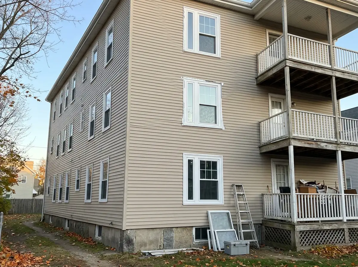 Side of a three-story vinyl-sided triple-decker with stacked back porches, new white double-hung windows and old sashes leaning by the porch
