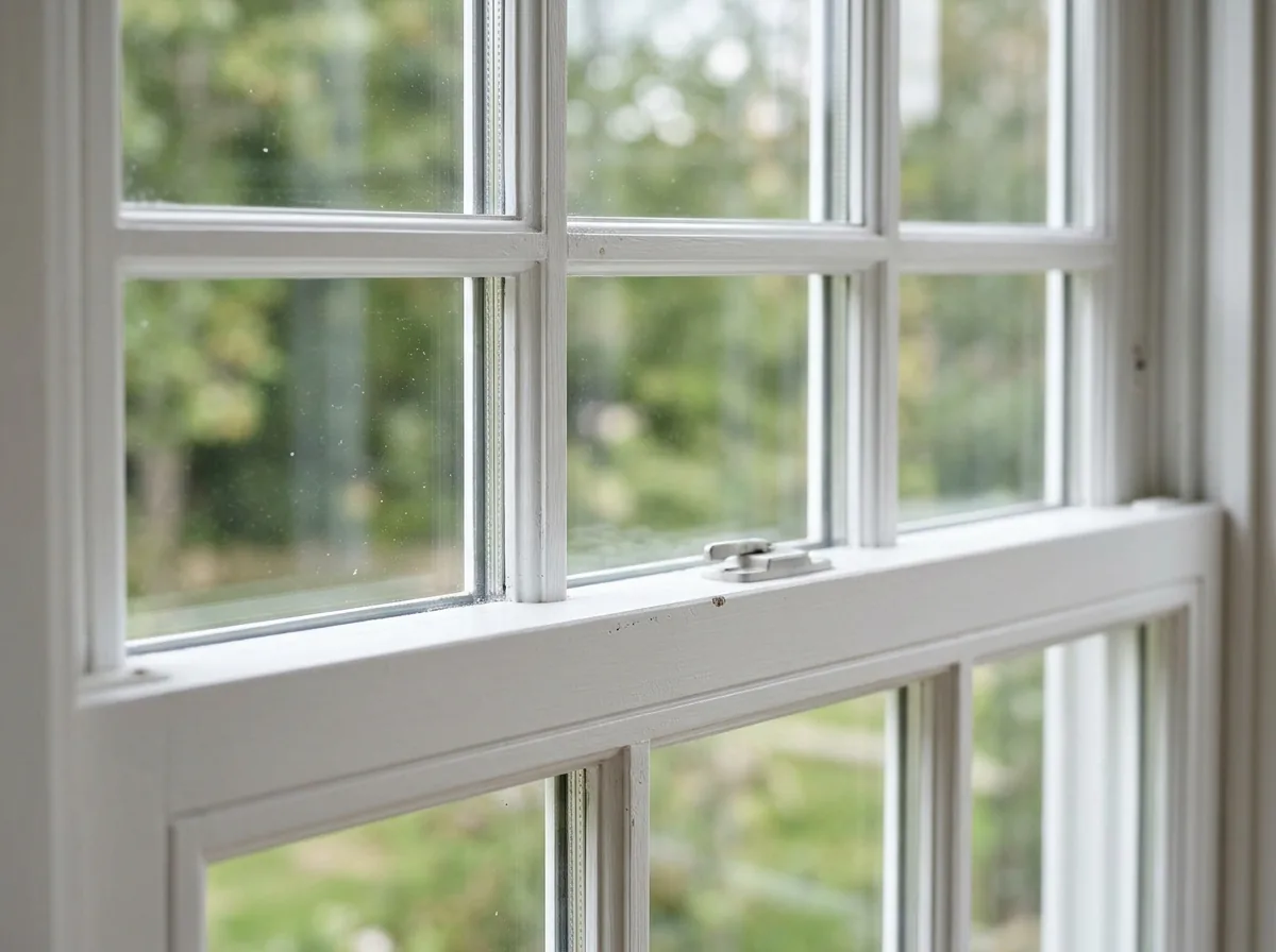 Close view of a double-hung sash with simulated divided-lite bars in a six-over-six pattern on clear glass