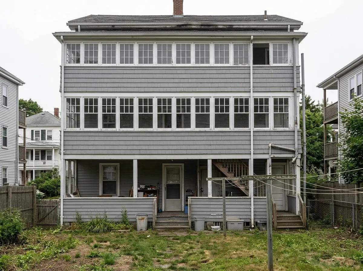 Enclosed rear porch on a triple-decker with a continuous band of small windows on the second and third floors, gray clapboards