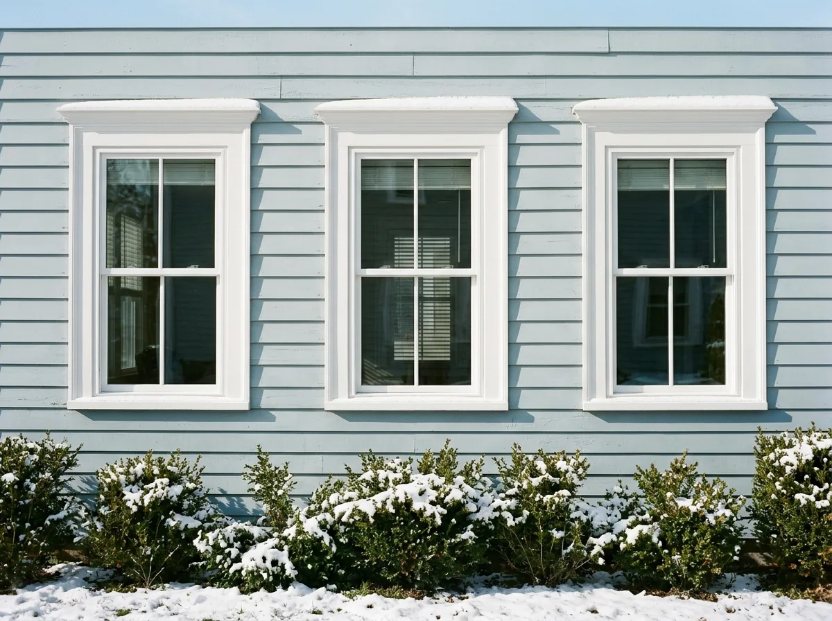 Row of new white double-hung ENERGY STAR replacement windows on a blue clapboard New England house on a clear winter morning