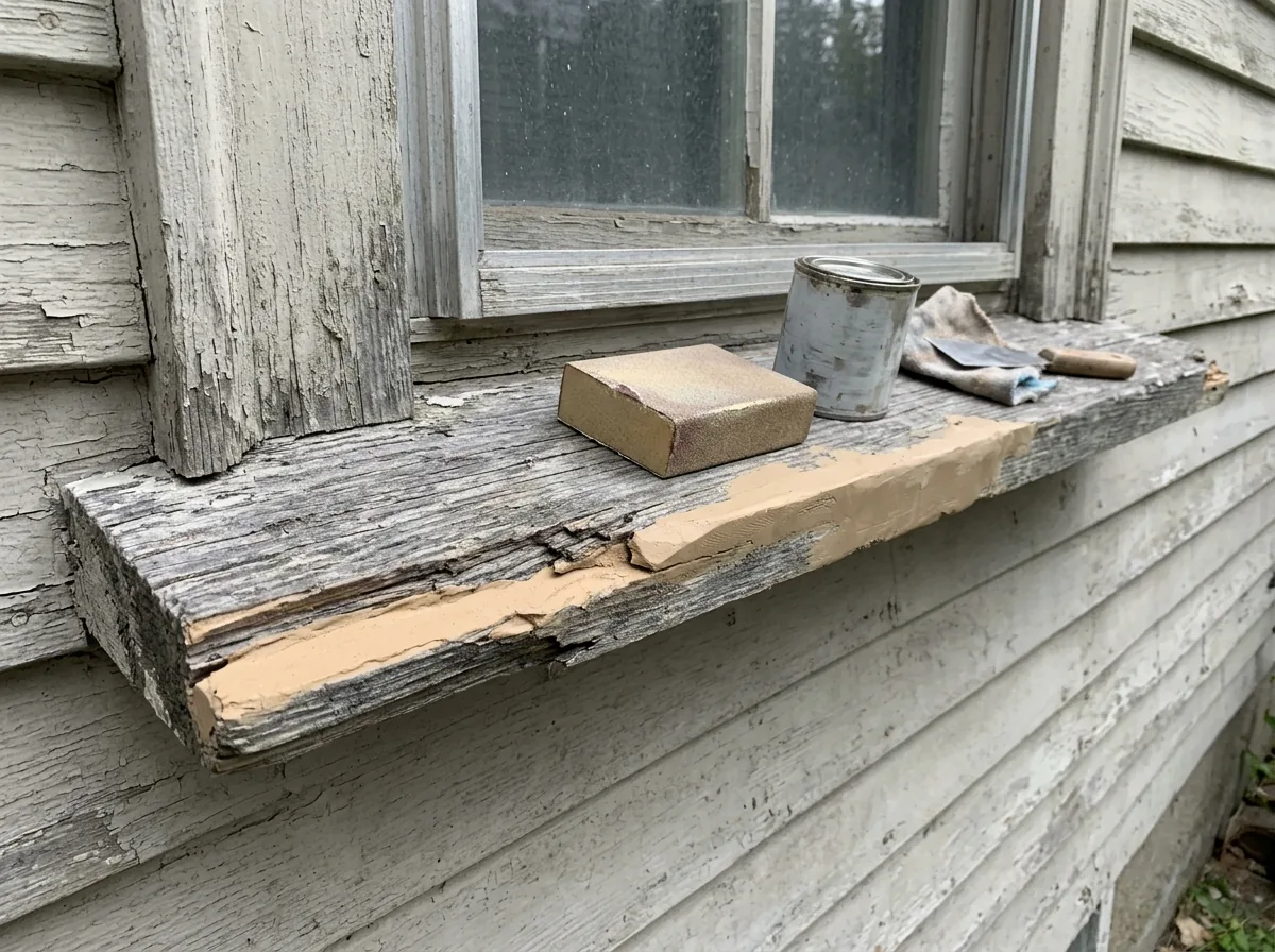 Weathered wood window sill being rebuilt with tan two-part epoxy filler, sanding block and primer can on the ledge