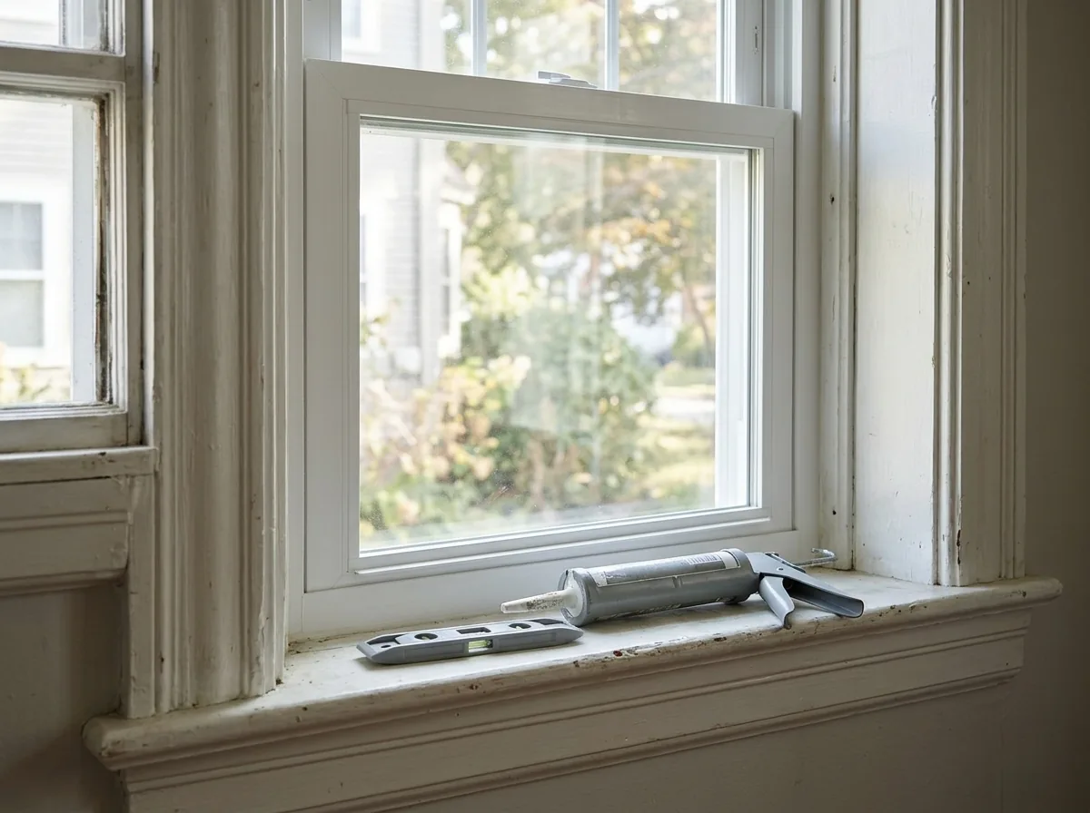 Fiberglass insert replacement window set inside an existing wood window frame, interior casing intact, before caulking