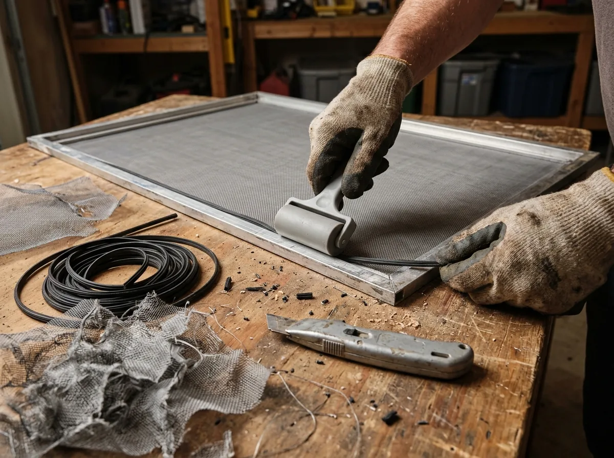 Hands rolling new gray fiberglass screen mesh into an aluminum screen frame with a spline tool on a workbench