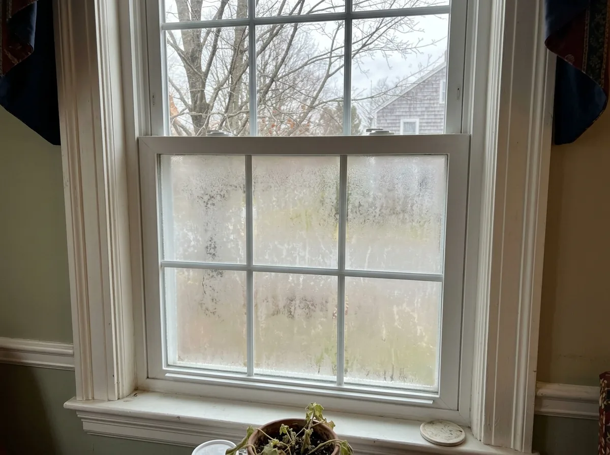 Double-hung vinyl window with a milky fog trapped between the two panes of glass, seen from inside a living room