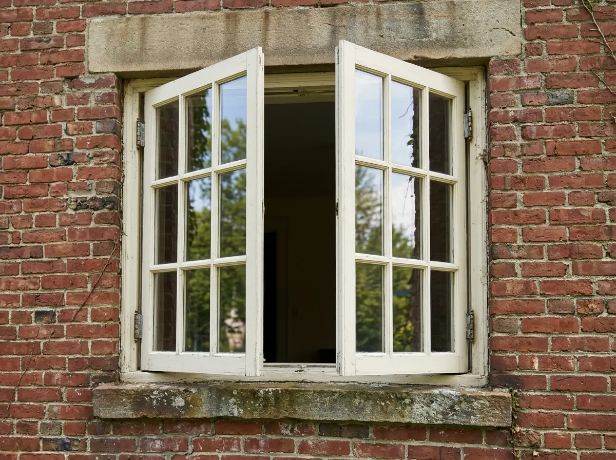 Pair of wood French casement windows opened outward from the middle with no center post, on a brick wall in summer
