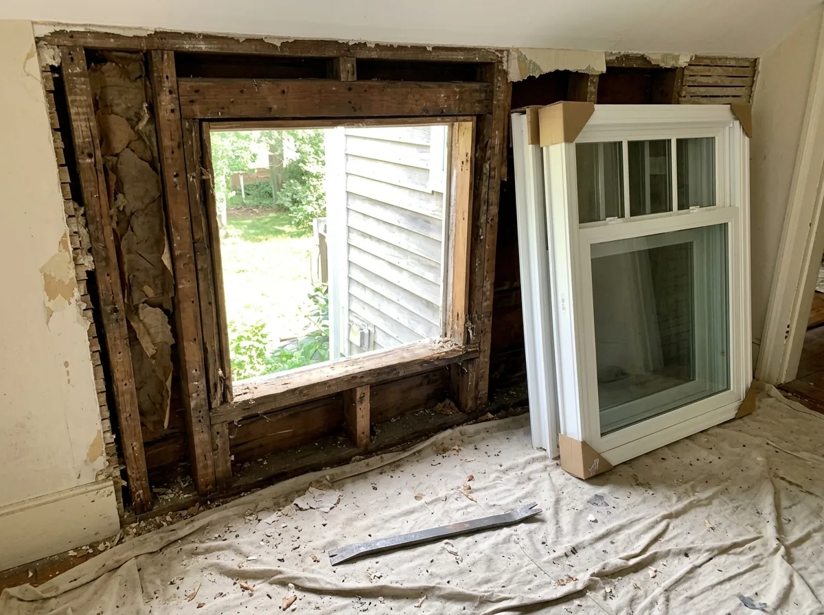 Window opening stripped to the rough framing with the old frame removed, new full-frame window leaning against the wall nearby