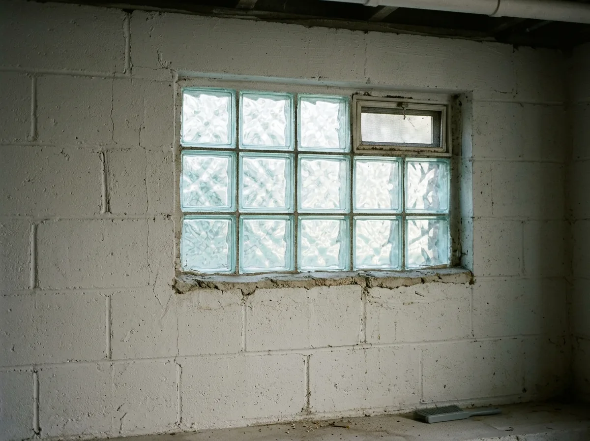 Glass block panel in a basement wall with a small vent block in one corner, daylight showing through the textured blocks