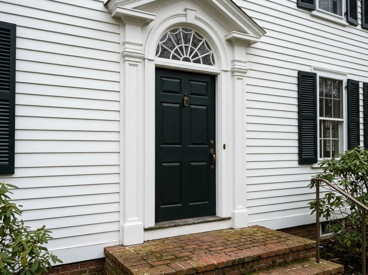 Half-round fanlight window with radiating grilles above a front entry door on a white clapboard colonial