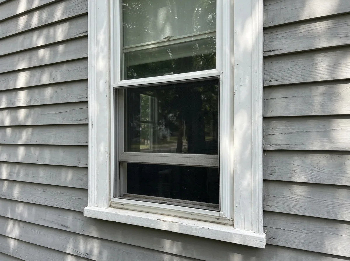 Half screen in the lower half of a white double-hung window on a triple-decker, the upper sash closed above it