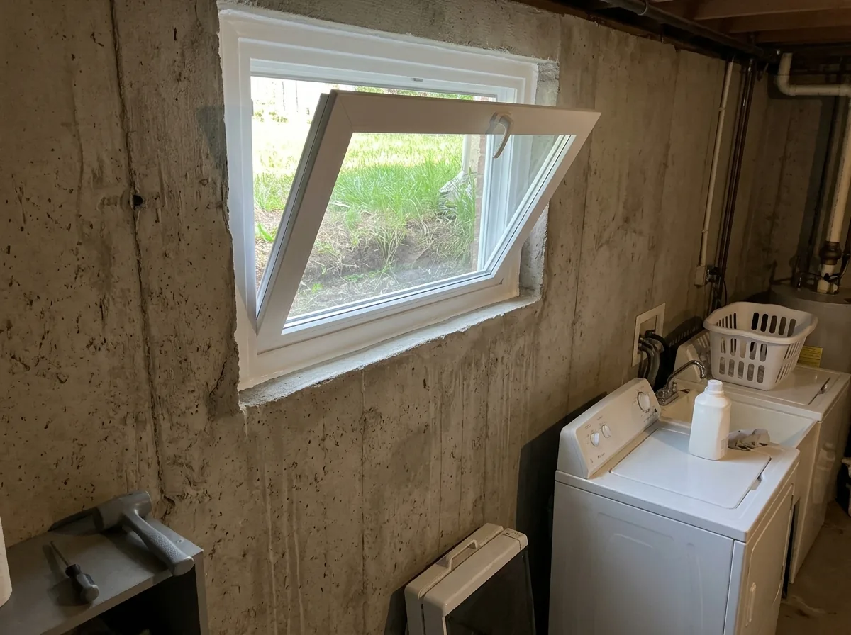 White vinyl hopper window tipped open inward from the top, set high in a poured concrete basement wall above a laundry area