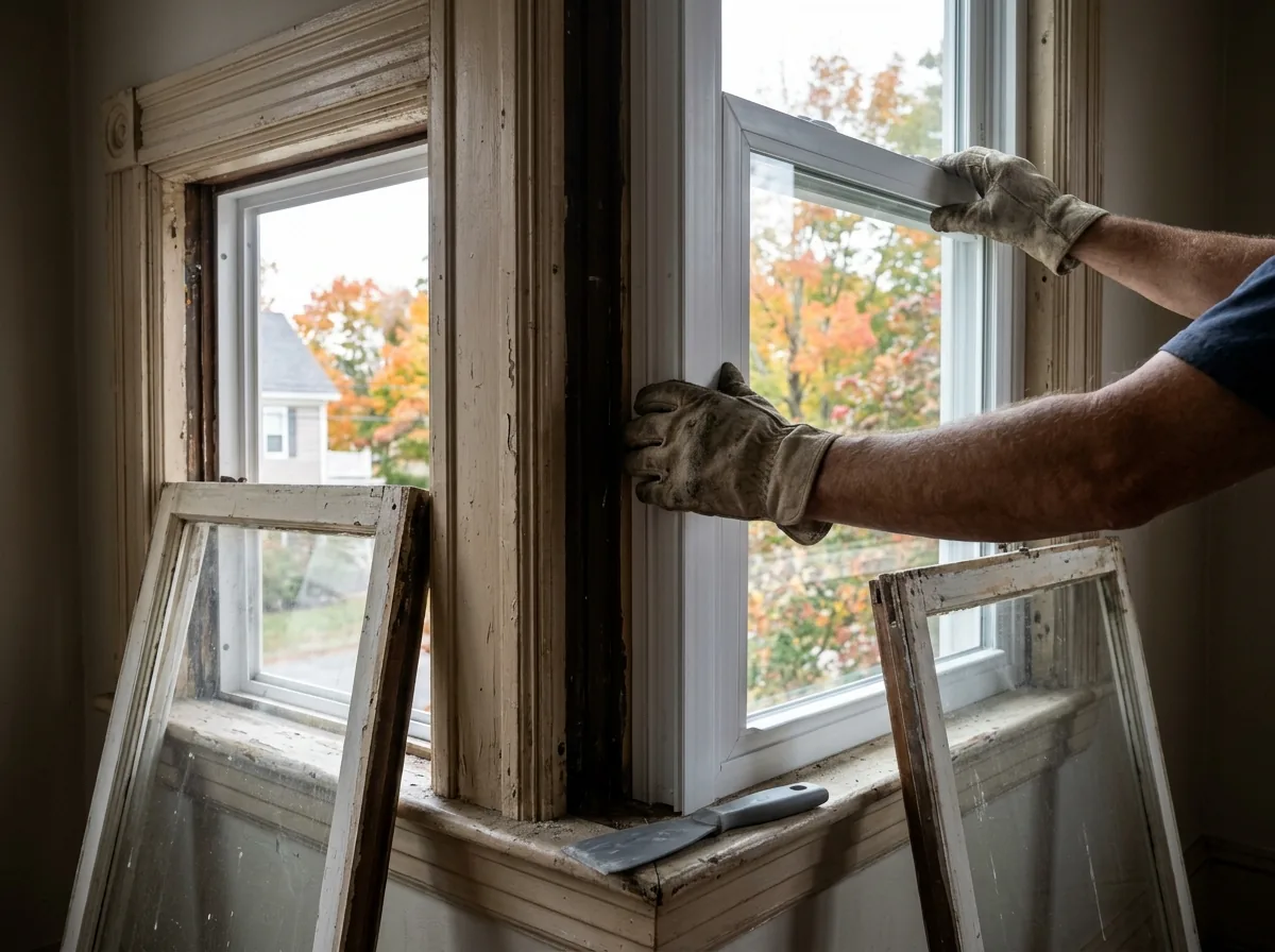 Installer's hands setting a white insert replacement window into an old painted wood window frame, interior trim left in place