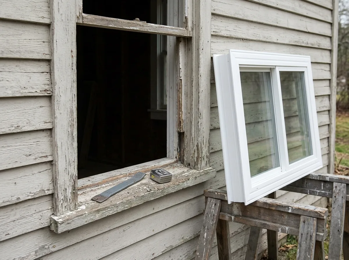 Old painted wood window frame with the sashes removed and a new white insert replacement window waiting on sawhorses