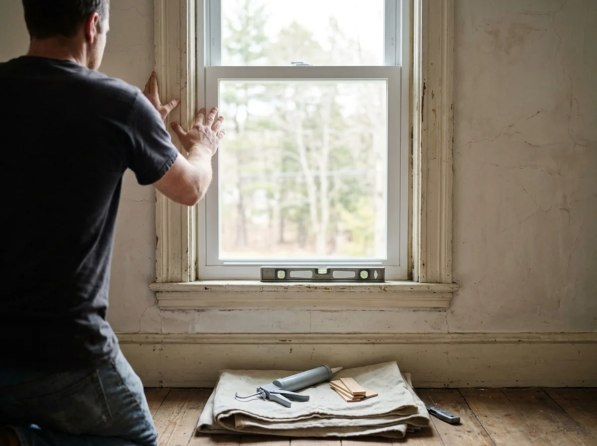 Installer seen from behind pressing a new white double-hung window into an old painted wood frame, with a level on the sill and shims and a caulk gun on a drop cloth