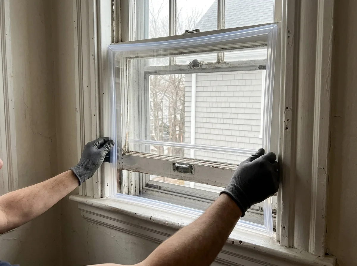 Clear acoustic window insert being pressed into the inside of an old painted wood window frame, the original sash visible behind it