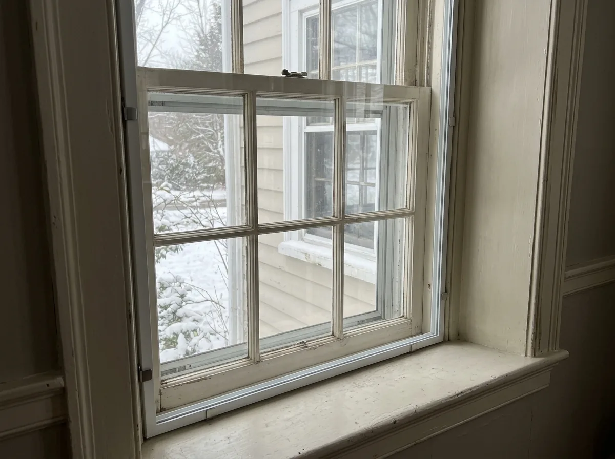 Clear interior storm insert with a slim white frame pressed into the inside of an old painted wood window, winter light