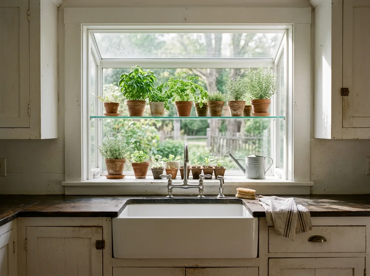 Small kitchen garden window projecting over a white farmhouse sink, potted herbs on the glass shelf, morning light