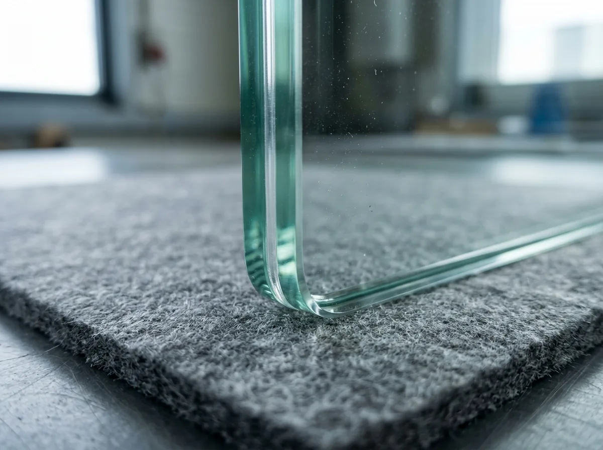 Close-up of the edge of a laminated acoustic glass pane showing the thin clear plastic interlayer between two glass sheets