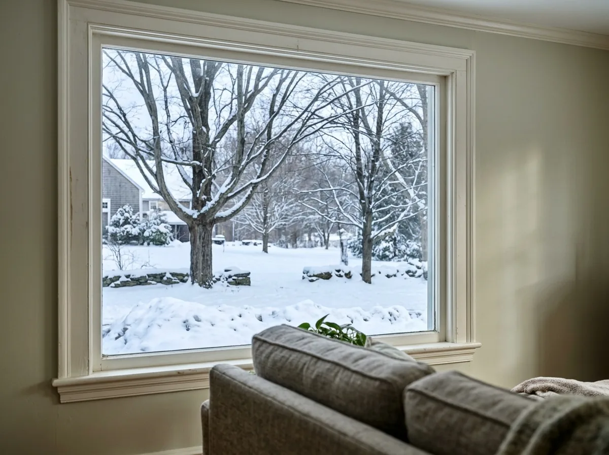 Large fixed picture window in the living room of a New England colonial, looking out on a snowy yard with bare maples