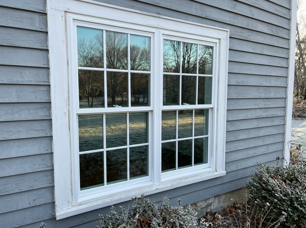 Close view of a new double-pane low-E window with a faint blue-green reflection on the glass, frost on the lawn outside