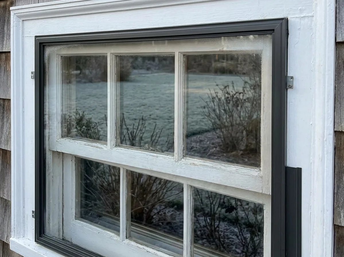 Close view of a low-E glass storm window with a faint coating tint over an old wooden sash, frost on the lawn outside