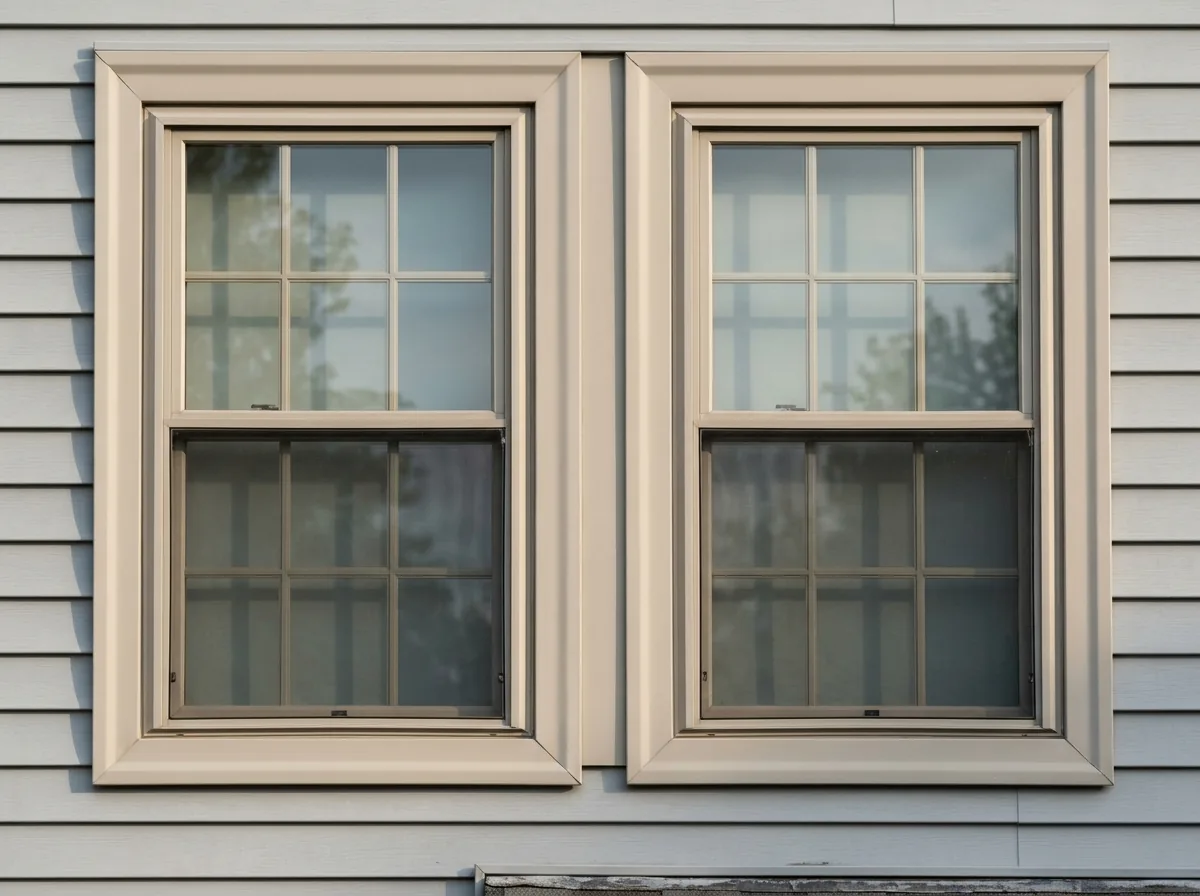 Close view of two matching beige vinyl double-hung condo windows with identical grille patterns on a clapboard building