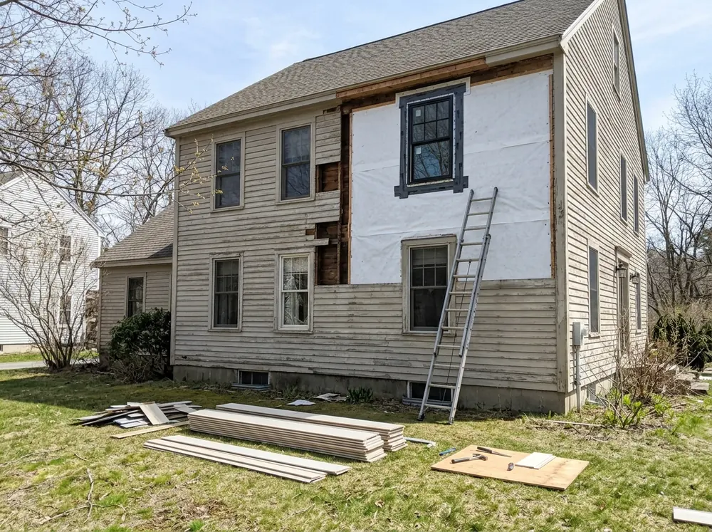 Nail-fin window with its flange fastened over house wrap in an open wall during a re-siding job, clapboards stacked below