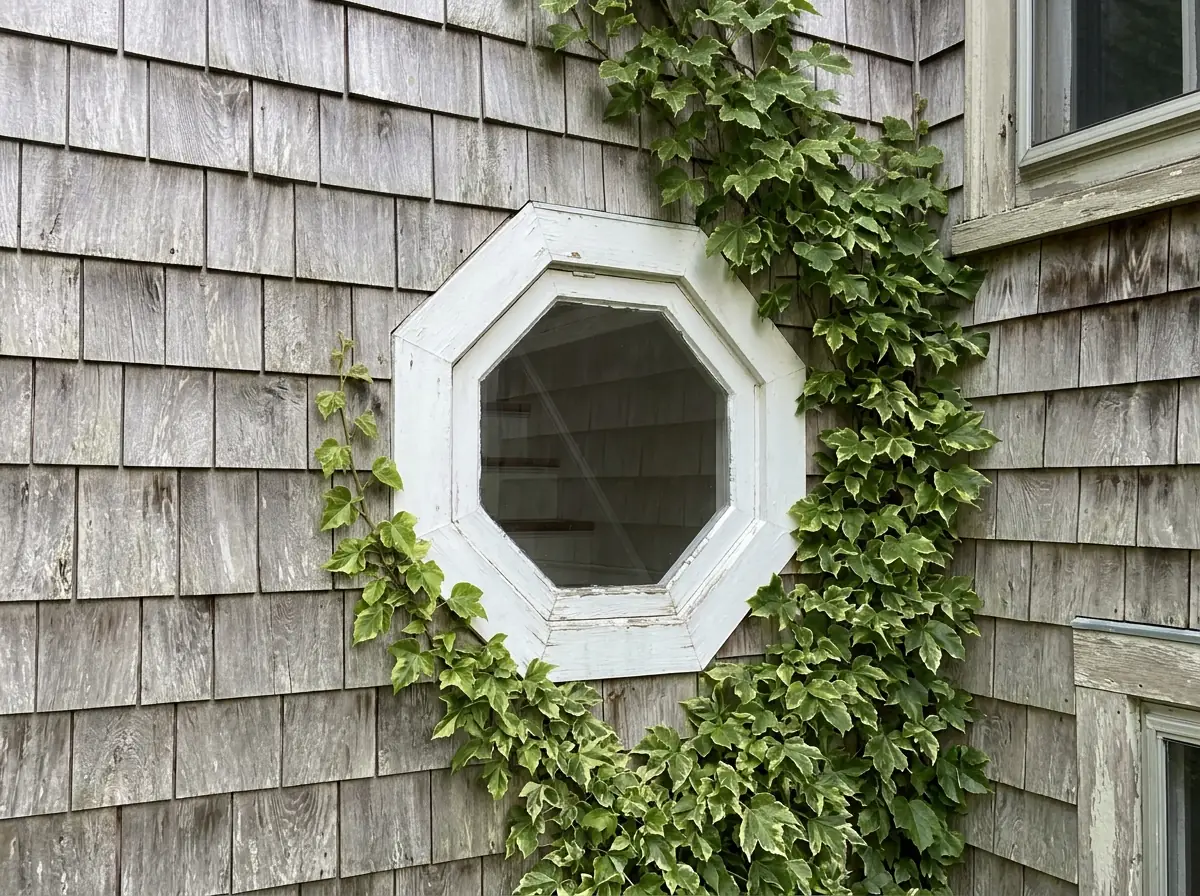 Small octagon window with a white frame set in a cedar-shingle wall beside a staircase landing
