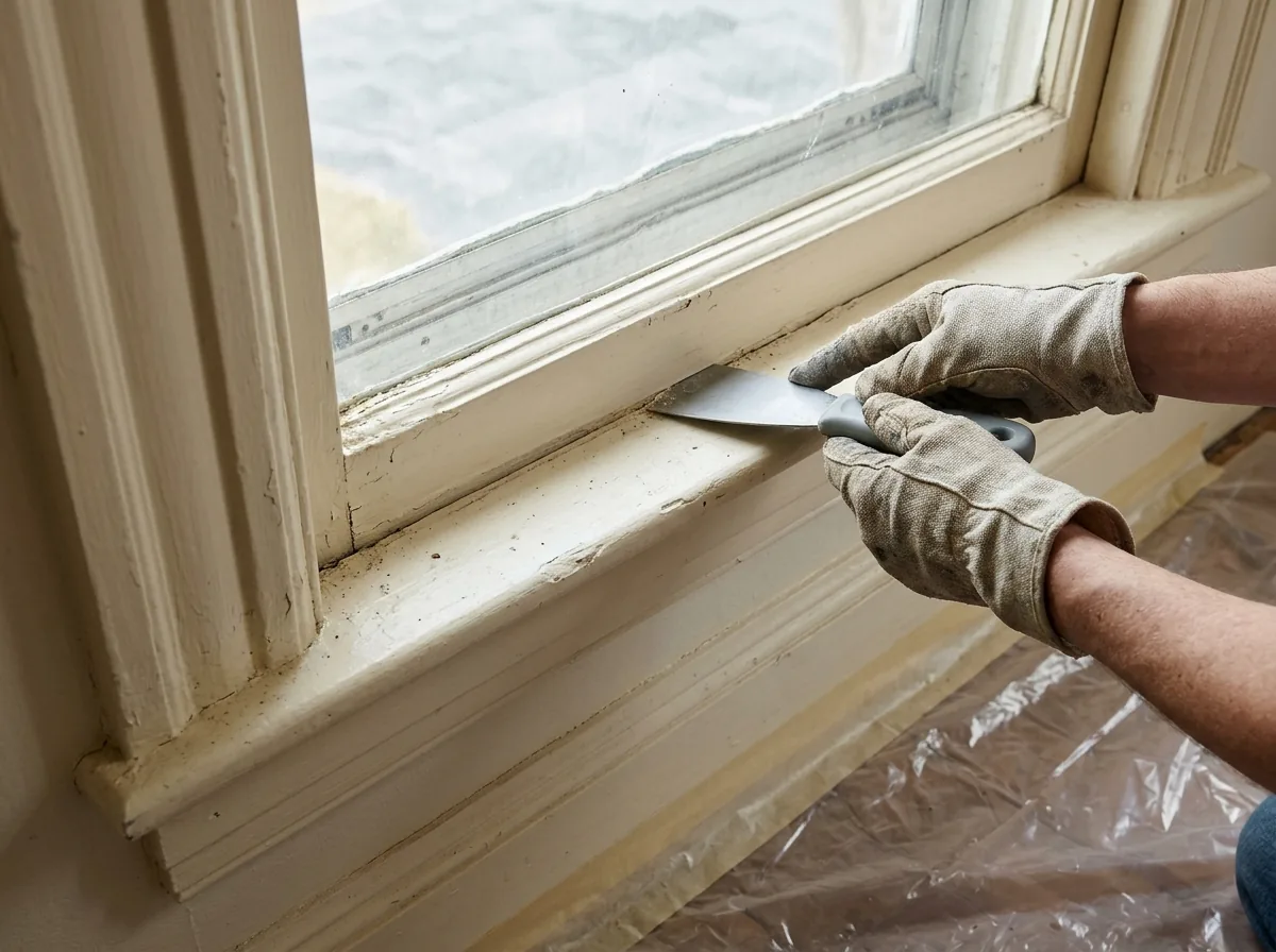 Hands running a plain gray putty knife along a paint-sealed gap between a wood double-hung sash and its stop in an older house