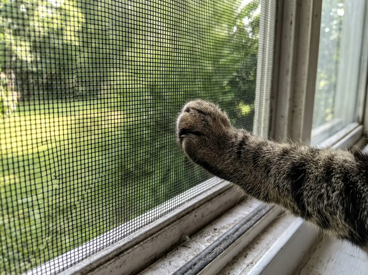 Close view of thick black pet-resistant screen mesh in a window, a cat's paw resting against it from inside