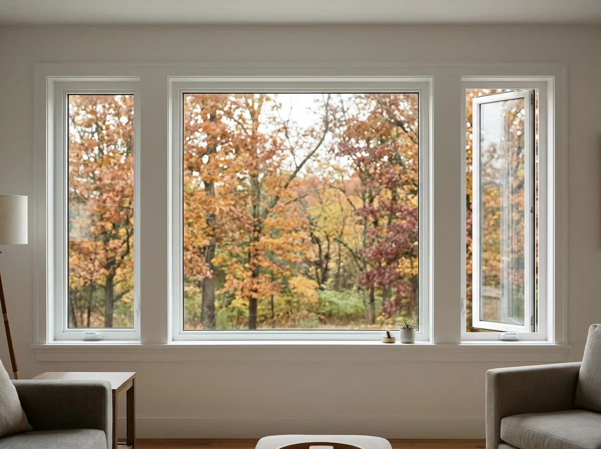 Wide fixed picture window flanked by two narrow casement windows on a living room wall, the right casement cranked open